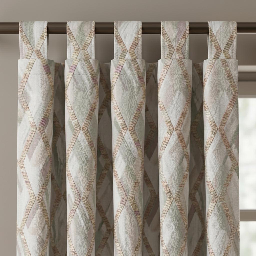 Silver Grey & Blush Pure Linen Embroidered Curtains, Champagne Geometric Trellis, Custom Extra Long Blackout Drapes — image 7