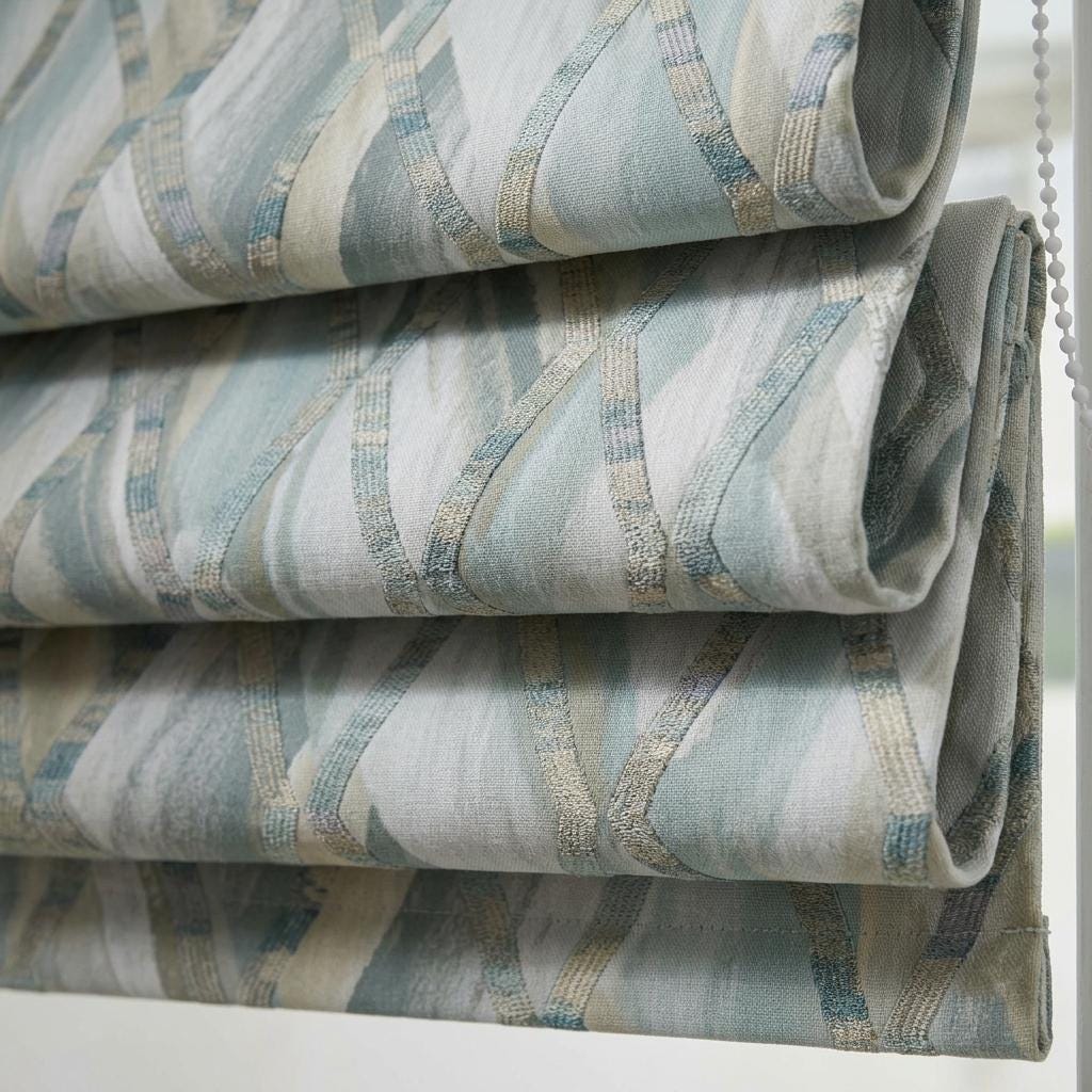 Pale Blue & Gray Linen Roman Shade, Geometric Embroidered Trellis, Custom Blackout or Light Filtering Window Blind — image 5