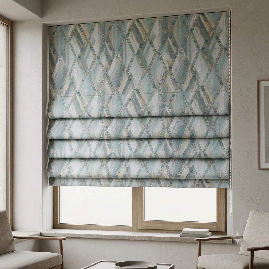 Pale Blue & Gray Linen Roman Shade, Geometric Embroidered Trellis, Custom Blackout or Light Filtering Window Blind — image 4