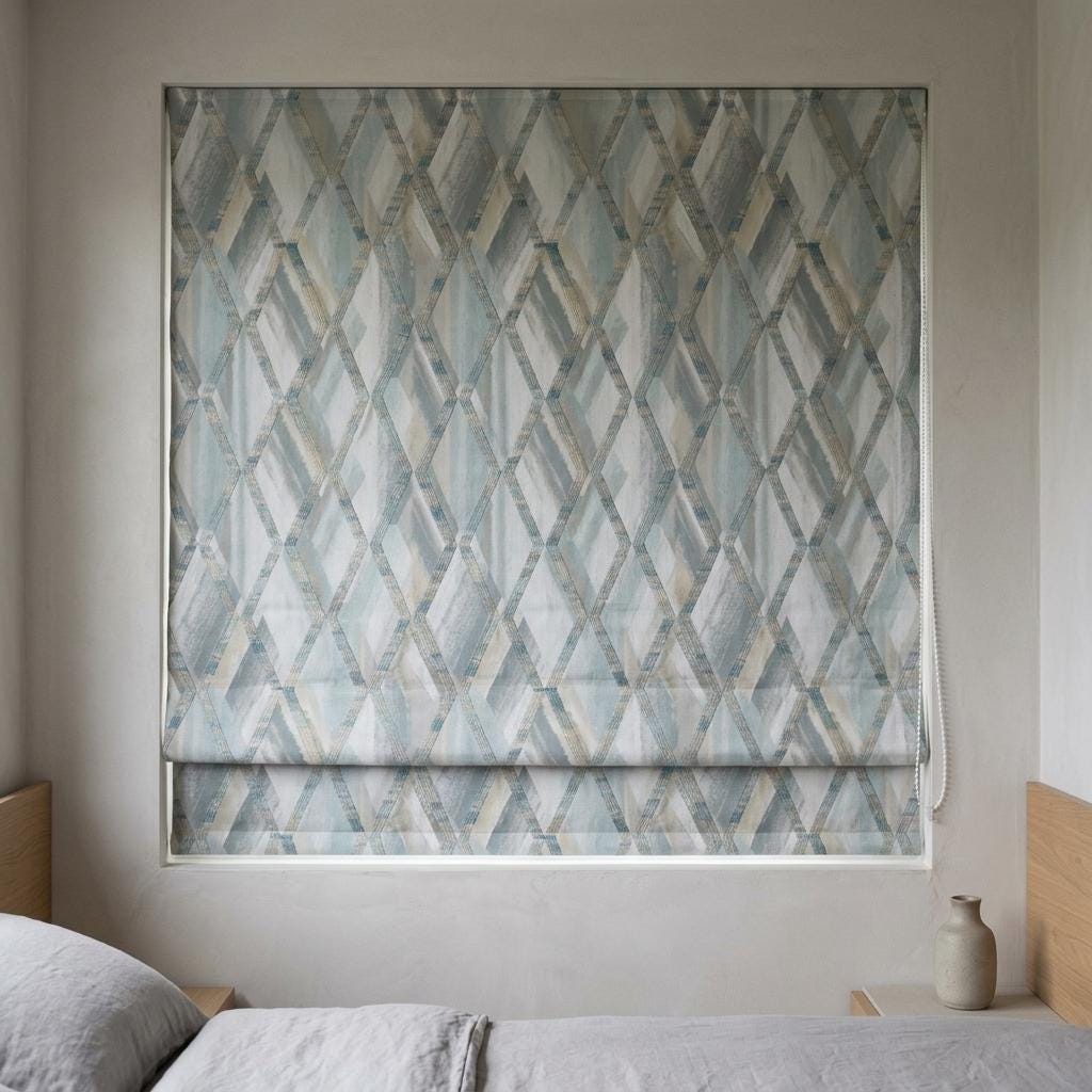 Pale Blue & Gray Linen Roman Shade, Geometric Embroidered Trellis, Custom Blackout or Light Filtering Window Blind — image 10