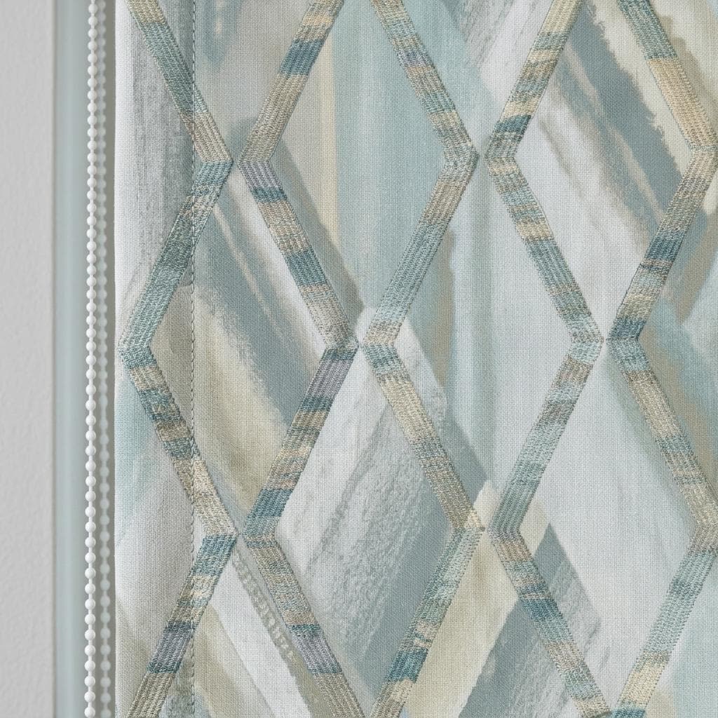 Pale Blue & Gray Linen Roman Shade, Geometric Embroidered Trellis, Custom Blackout or Light Filtering Window Blind — image 9