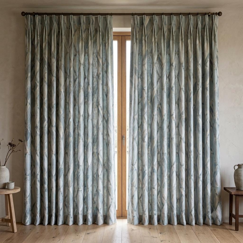 Duck Egg Blue Pure Linen Embroidered Curtains, Teal Geometric Trellis, Custom Extra Long Blackout Drapes — image 5