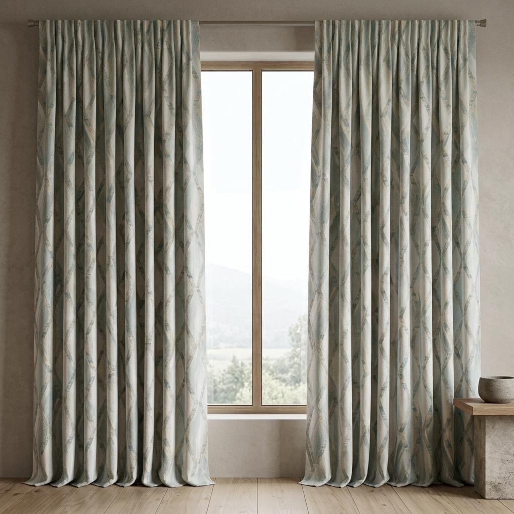 Duck Egg Blue Pure Linen Embroidered Curtains, Teal Geometric Trellis, Custom Extra Long Blackout Drapes — image 7