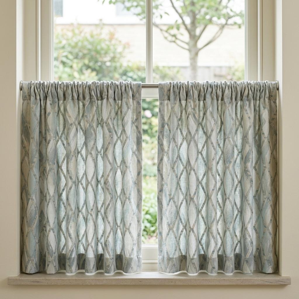 Duck Egg Blue Pure Linen Embroidered Curtains, Teal Geometric Trellis, Custom Extra Long Blackout Drapes — image 8