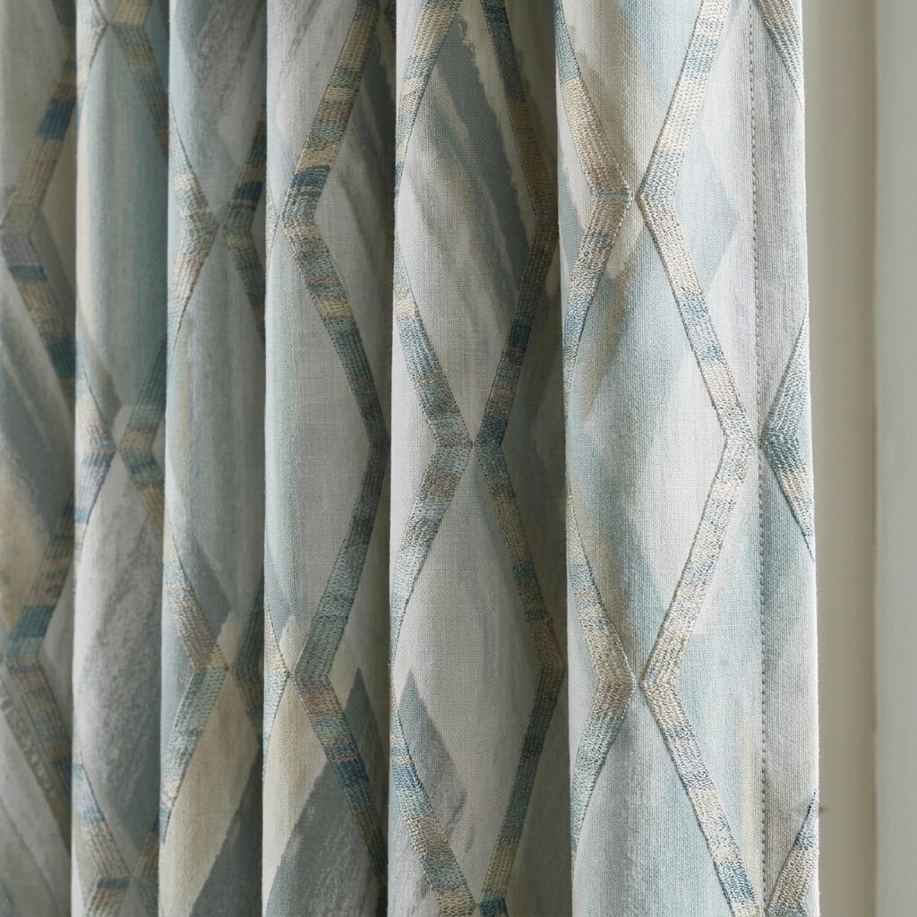 Duck Egg Blue Pure Linen Embroidered Curtains, Teal Geometric Trellis, Custom Extra Long Blackout Drapes — image 1