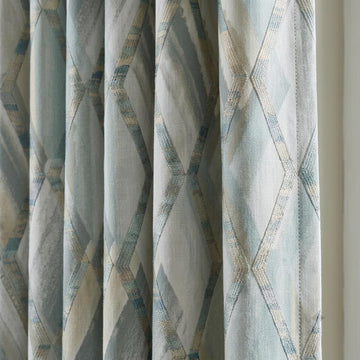 Duck Egg Blue Pure Linen Embroidered Curtains, Teal Geometric Trellis, Custom Extra Long Blackout Drapes — image 1