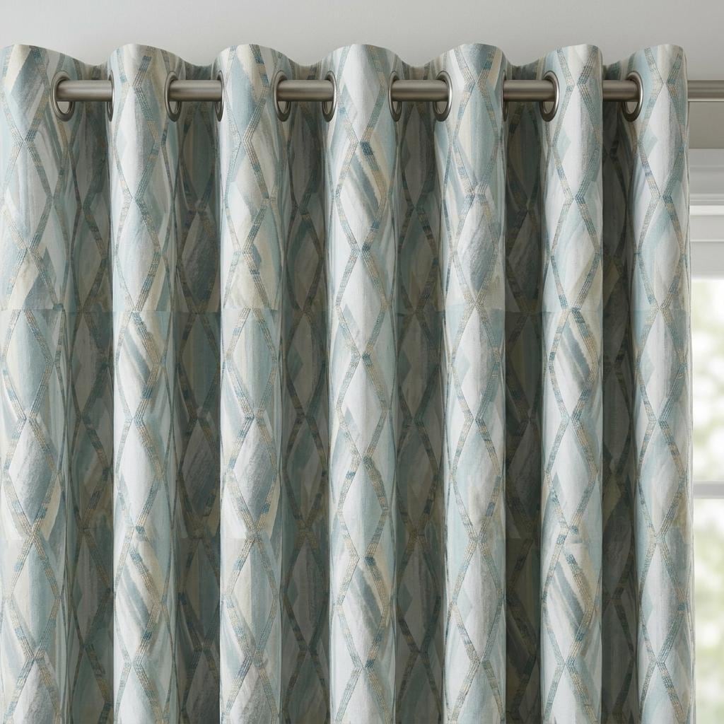 Duck Egg Blue Pure Linen Embroidered Curtains, Teal Geometric Trellis, Custom Extra Long Blackout Drapes — image 9