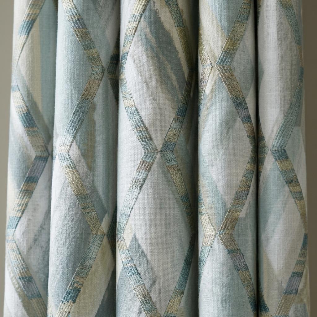Duck Egg Blue Pure Linen Embroidered Curtains, Teal Geometric Trellis, Custom Extra Long Blackout Drapes — image 6