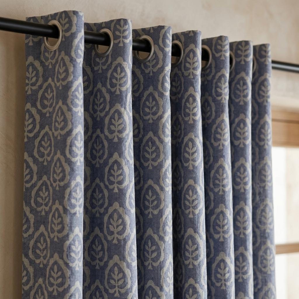 Dusty Indigo Blue Pure Linen Curtains, Ivory Botanical Leaf Print Drapes, Custom Extra Long Blackout Panels — image 3