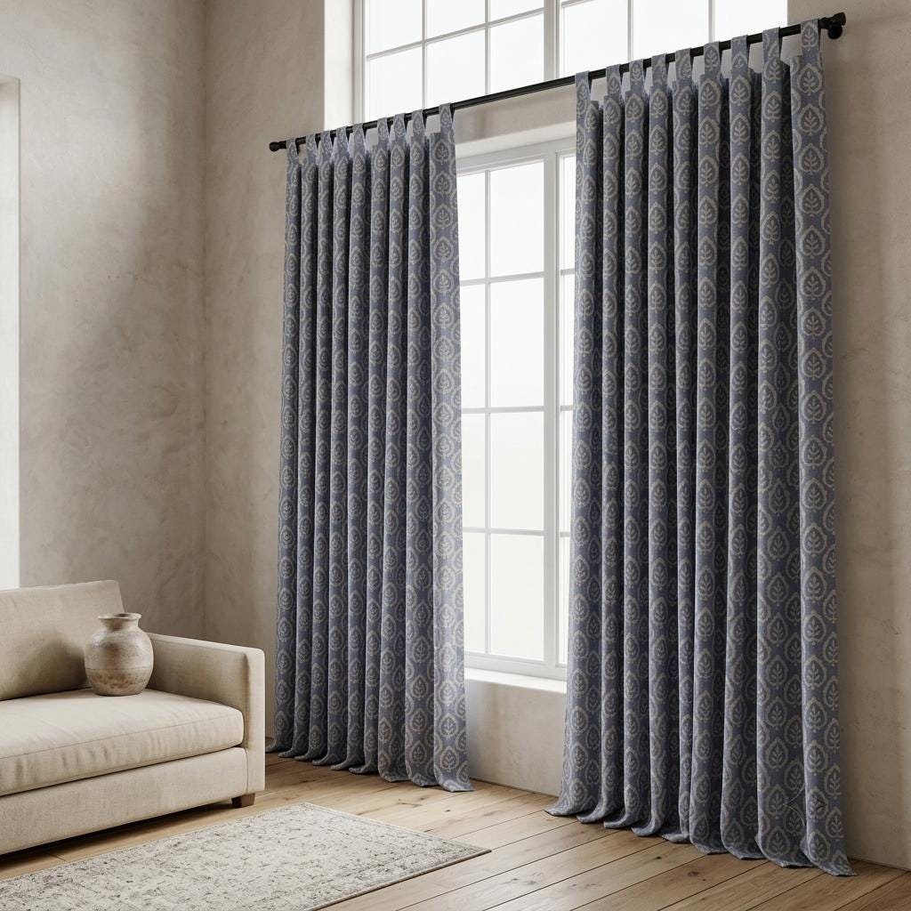 Dusty Indigo Blue Pure Linen Curtains, Ivory Botanical Leaf Print Drapes, Custom Extra Long Blackout Panels — image 5