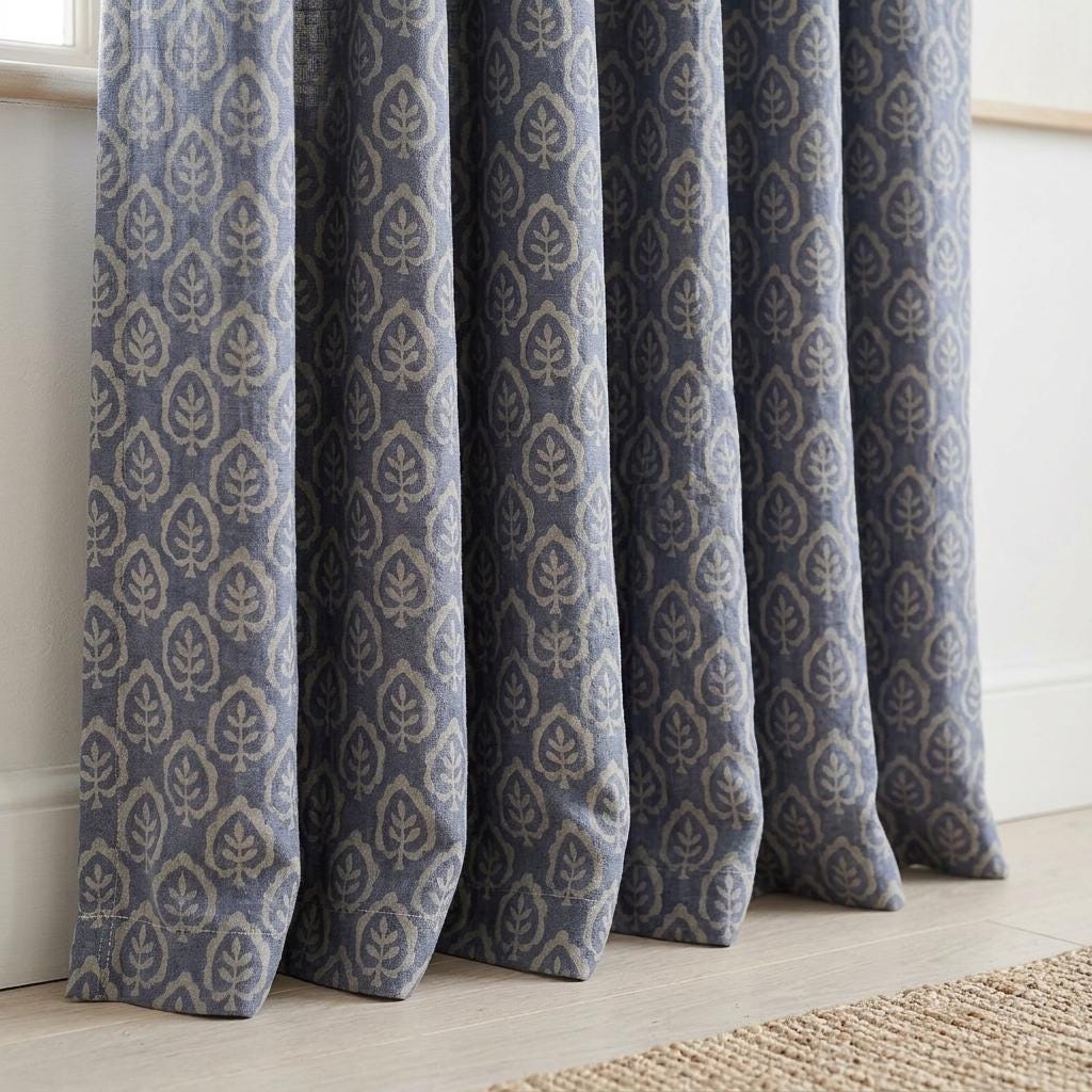 Dusty Indigo Blue Pure Linen Curtains, Ivory Botanical Leaf Print Drapes, Custom Extra Long Blackout Panels — image 9