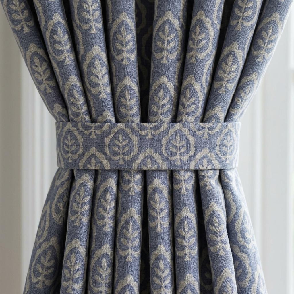 Dusty Indigo Blue Pure Linen Curtains, Ivory Botanical Leaf Print Drapes, Custom Extra Long Blackout Panels — image 2