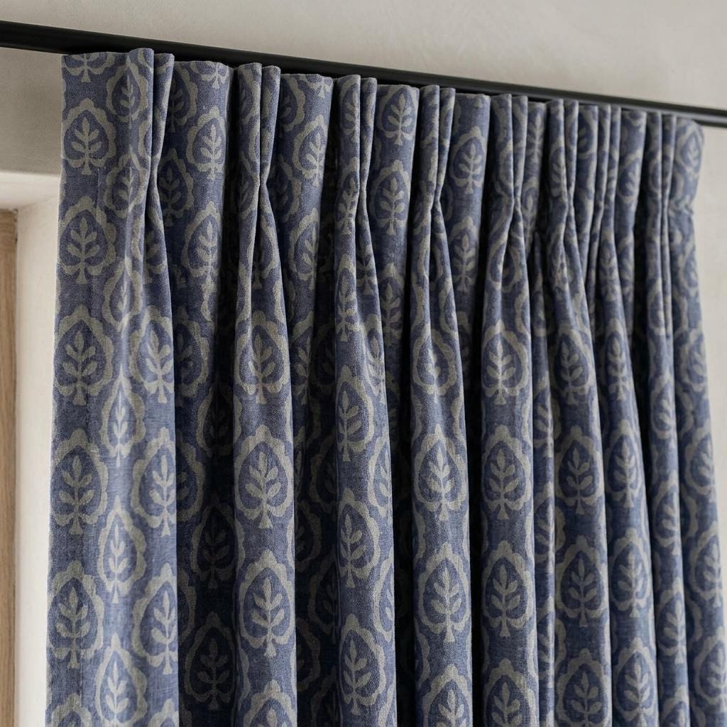 Dusty Indigo Blue Pure Linen Curtains, Ivory Botanical Leaf Print Drapes, Custom Extra Long Blackout Panels — image 8