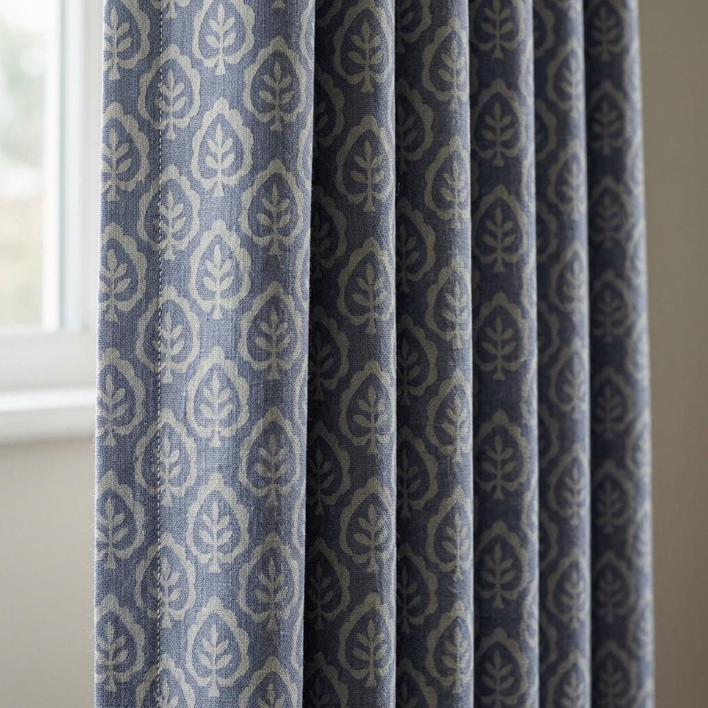 Dusty Indigo Blue Pure Linen Curtains, Ivory Botanical Leaf Print Drapes, Custom Extra Long Blackout Panels — image 1