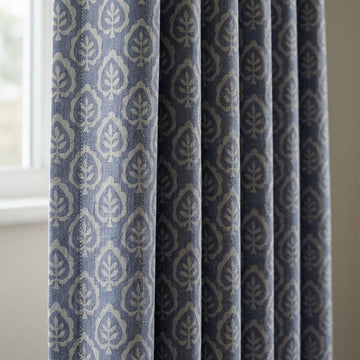 Dusty Indigo Blue Pure Linen Curtains, Ivory Botanical Leaf Print Drapes, Custom Extra Long Blackout Panels — image 1