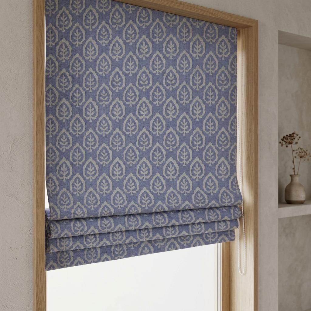 Dusty Blue & Ivory Linen Roman Shade, Botanical Leaf Print, Custom Blackout or Light Filtering Window Blind — image 7