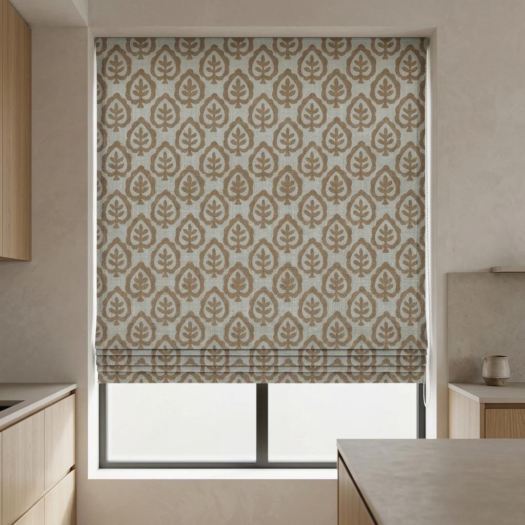 Camel Tan & Greige Linen Roman Shade, Botanical Tree Print, Custom Blackout or Light Filtering Window Blind — image 5