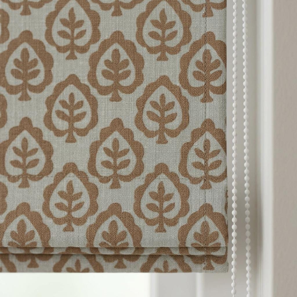 Camel Tan & Greige Linen Roman Shade, Botanical Tree Print, Custom Blackout or Light Filtering Window Blind — image 4
