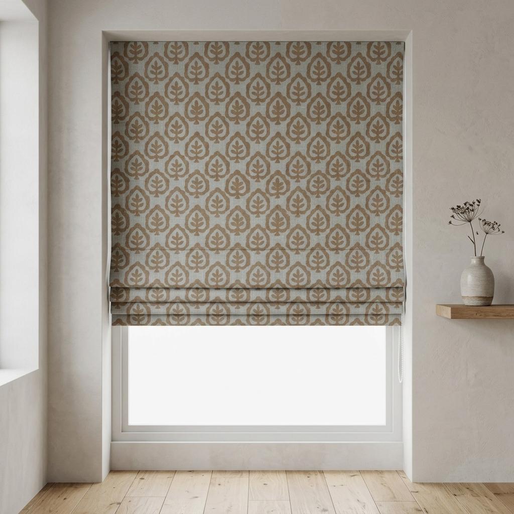 Camel Tan & Greige Linen Roman Shade, Botanical Tree Print, Custom Blackout or Light Filtering Window Blind — image 1