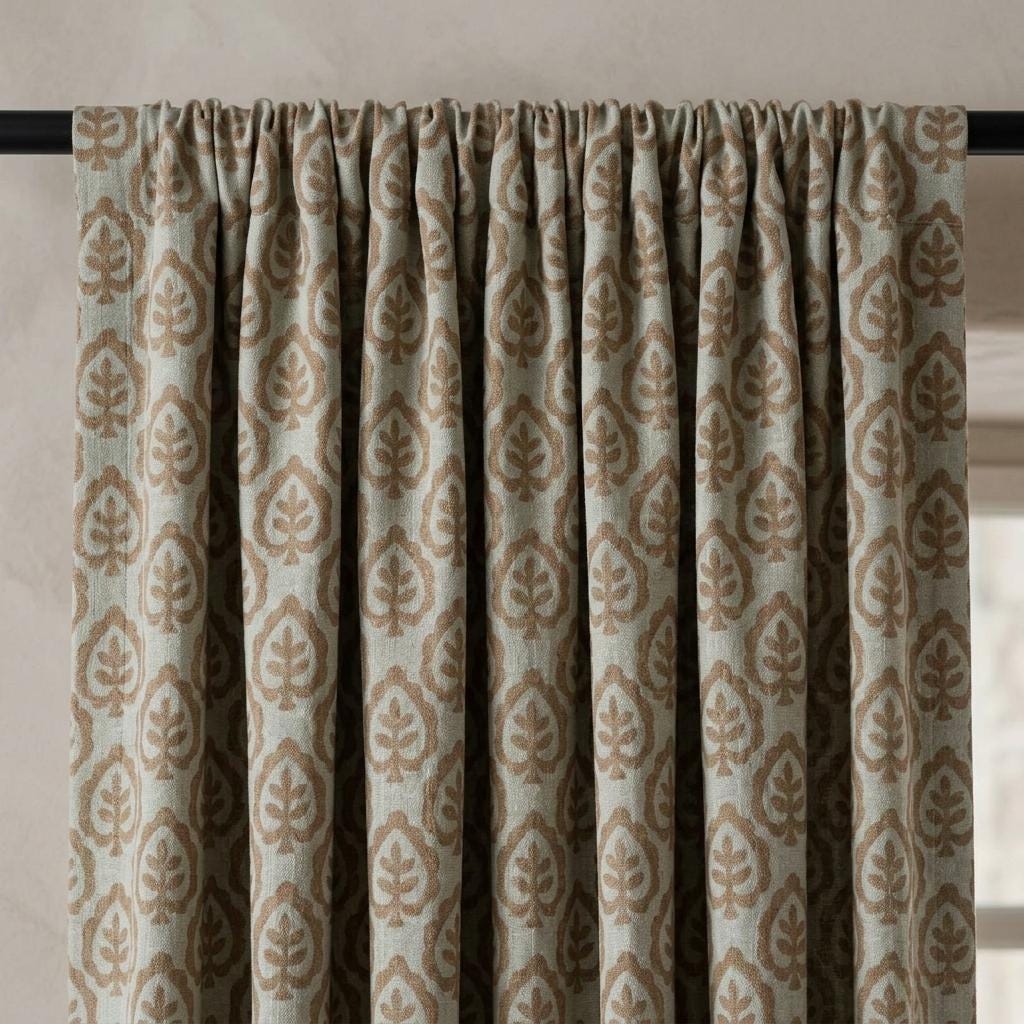 Greige Pure Linen Curtains, Camel Brown Botanical Leaf Print Drapes, Custom Extra Long Blackout Panels — image 3