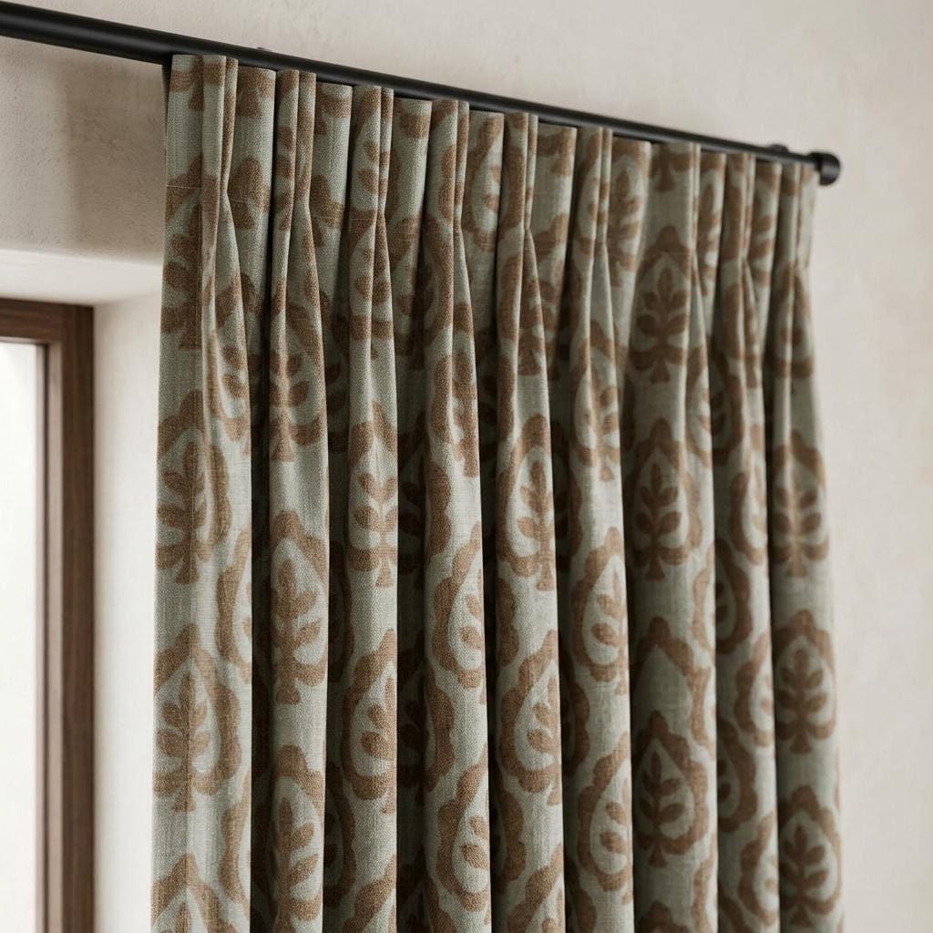 Greige Pure Linen Curtains, Camel Brown Botanical Leaf Print Drapes, Custom Extra Long Blackout Panels — image 8