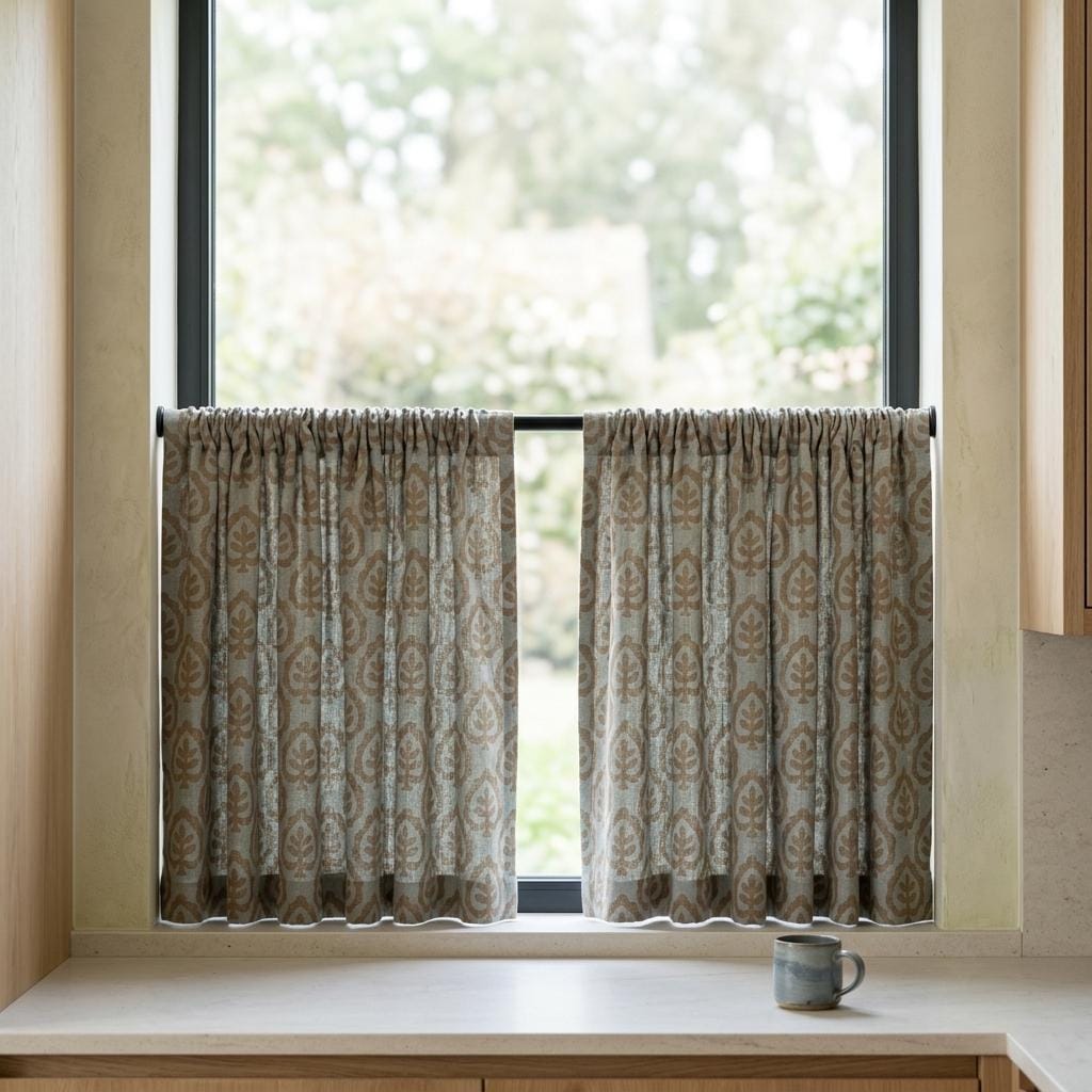 Greige Pure Linen Curtains, Camel Brown Botanical Leaf Print Drapes, Custom Extra Long Blackout Panels — image 9