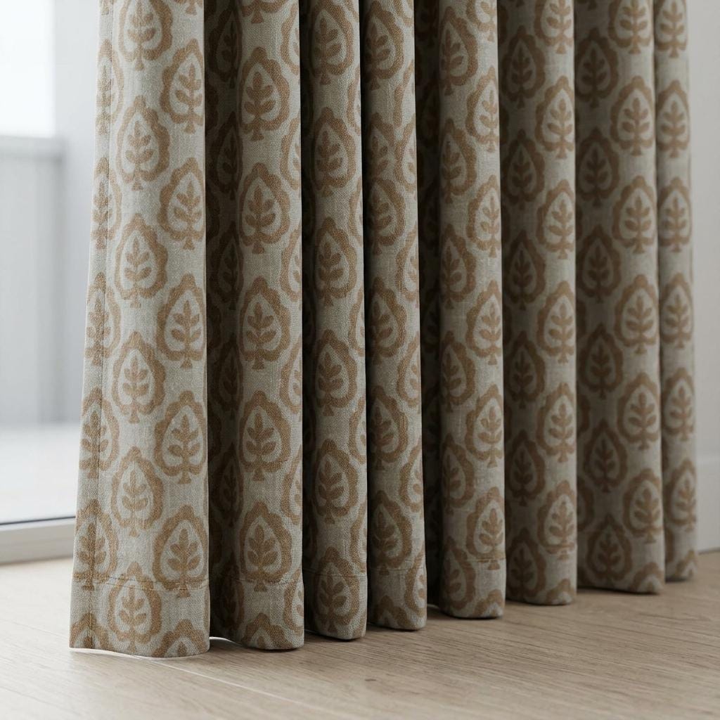Greige Pure Linen Curtains, Camel Brown Botanical Leaf Print Drapes, Custom Extra Long Blackout Panels — image 7