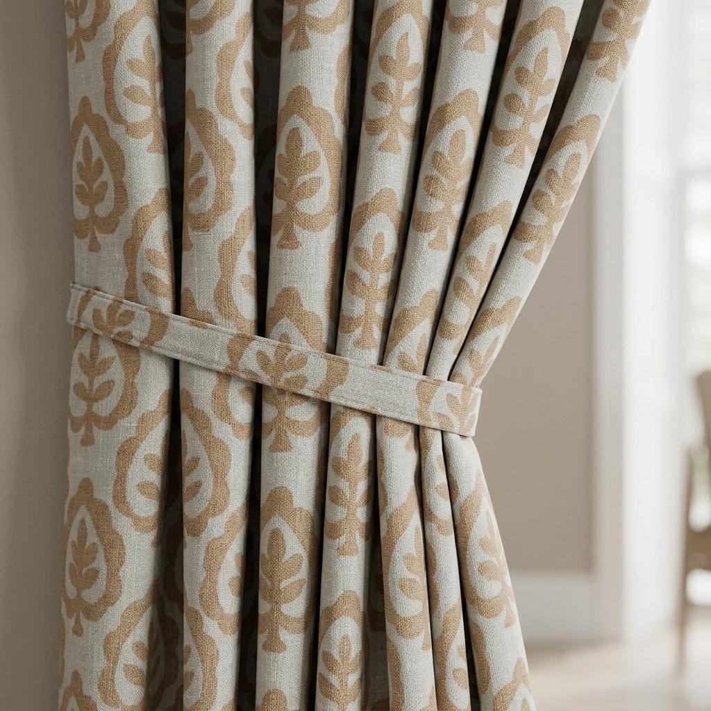 Greige Pure Linen Curtains, Camel Brown Botanical Leaf Print Drapes, Custom Extra Long Blackout Panels — image 1