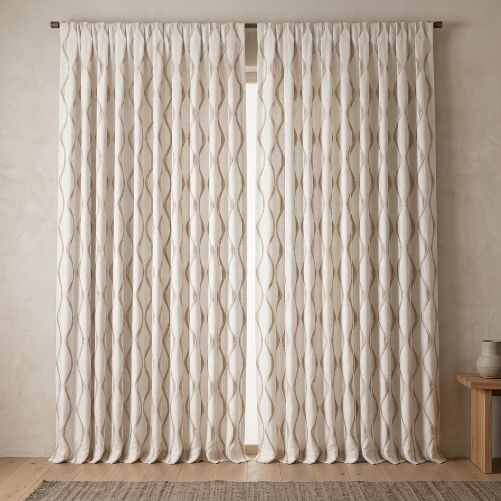 Ivory Flax Linen Curtains, Beige Ogee Trellis Embroidered Drapes, Custom Blackout or Light Filtering Panels — image 4