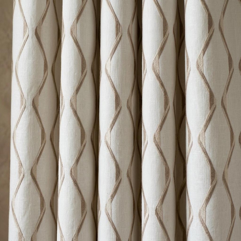 Ivory Flax Linen Curtains, Beige Ogee Trellis Embroidered Drapes, Custom Blackout or Light Filtering Panels — image 3