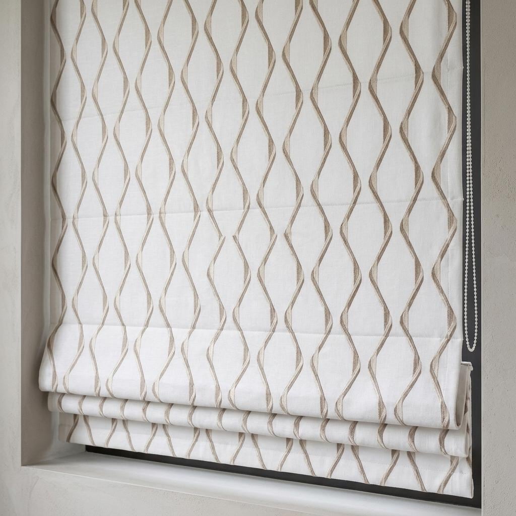 Ivory Flax Pure Linen Roman Shade, Taupe Wavy Geometric Embroidered Custom Blind, Blackout or Light Filtering — image 2