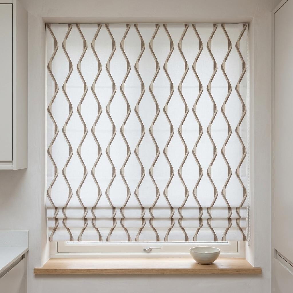 Ivory Flax Pure Linen Roman Shade, Taupe Wavy Geometric Embroidered Custom Blind, Blackout or Light Filtering — image 6
