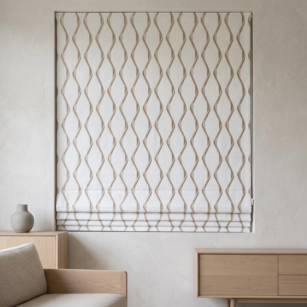 Ivory Flax Pure Linen Roman Shade, Taupe Wavy Geometric Embroidered Custom Blind, Blackout or Light Filtering — image 3
