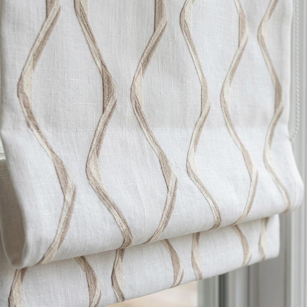 Ivory Flax Pure Linen Roman Shade, Taupe Wavy Geometric Embroidered Custom Blind, Blackout or Light Filtering — image 7