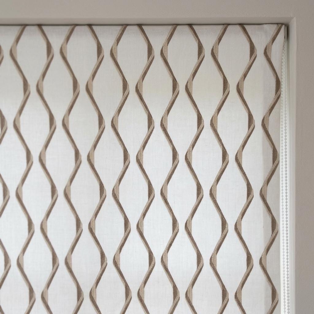 Ivory Flax Pure Linen Roman Shade, Taupe Wavy Geometric Embroidered Custom Blind, Blackout or Light Filtering — image 8