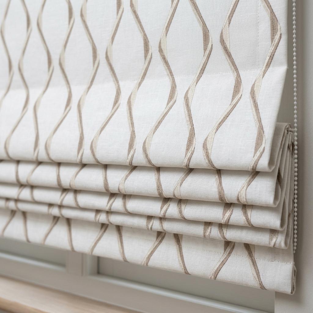 Ivory Flax Pure Linen Roman Shade, Taupe Wavy Geometric Embroidered Custom Blind, Blackout or Light Filtering — image 1