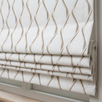 Ivory Flax Pure Linen Roman Shade, Taupe Wavy Geometric Embroidered Custom Blind, Blackout or Light Filtering — image 1