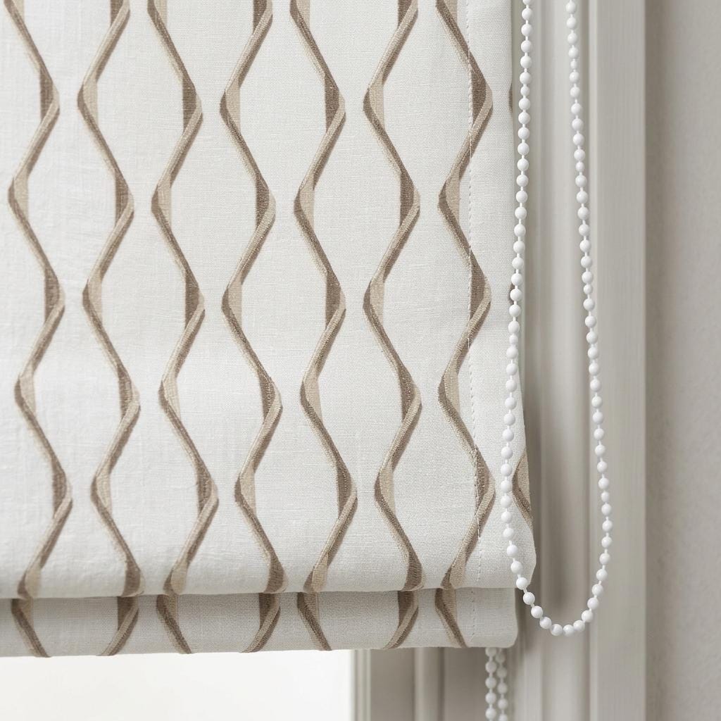 Ivory Flax Pure Linen Roman Shade, Taupe Wavy Geometric Embroidered Custom Blind, Blackout or Light Filtering — image 9