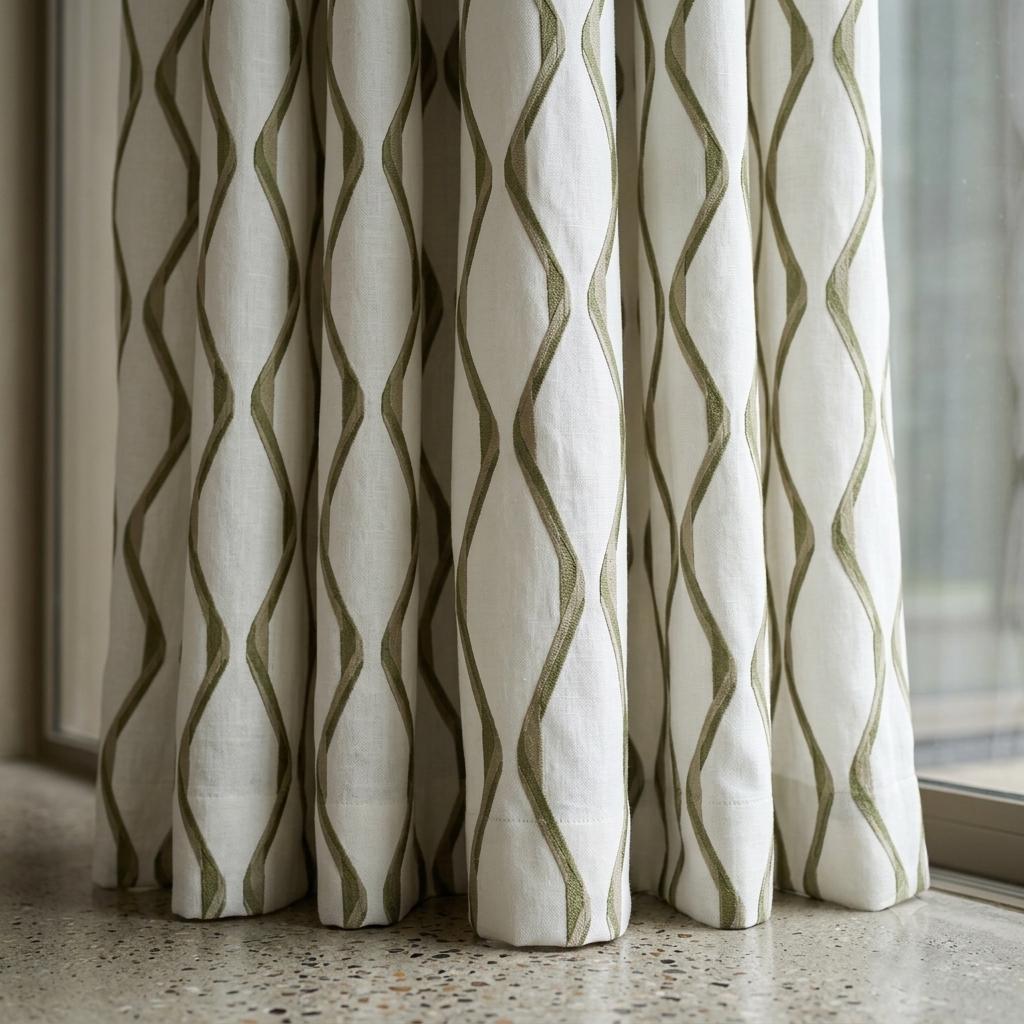 Ivory Green Pure Linen Curtains, Sage Olive Ogee Trellis Embroidered Drapes, Custom Blackout or Light Filtering Panels — image 6