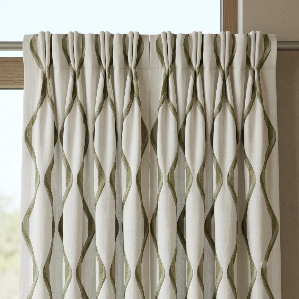 Ivory Green Pure Linen Curtains, Sage Olive Ogee Trellis Embroidered Drapes, Custom Blackout or Light Filtering Panels — image 10