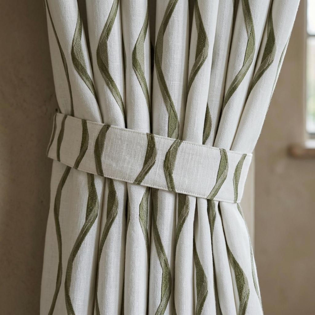 Ivory Green Pure Linen Curtains, Sage Olive Ogee Trellis Embroidered Drapes, Custom Blackout or Light Filtering Panels — image 4