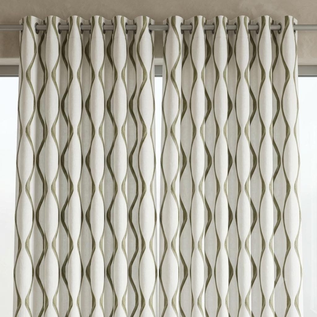 Ivory Green Pure Linen Curtains, Sage Olive Ogee Trellis Embroidered Drapes, Custom Blackout or Light Filtering Panels — image 9