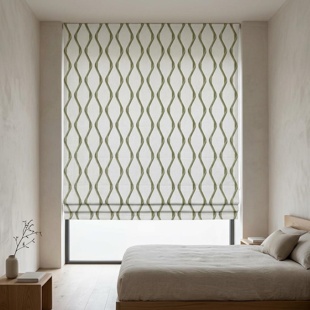 Ivory Green Pure Linen Roman Shade, Sage Olive Wavy Geometric Embroidered Custom Blind, Blackout or Light Filtering — image 8