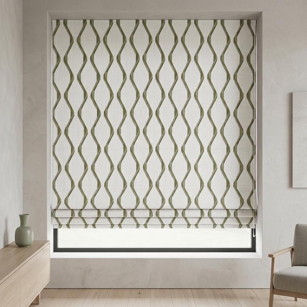 Ivory Green Pure Linen Roman Shade, Sage Olive Wavy Geometric Embroidered Custom Blind, Blackout or Light Filtering — image 6