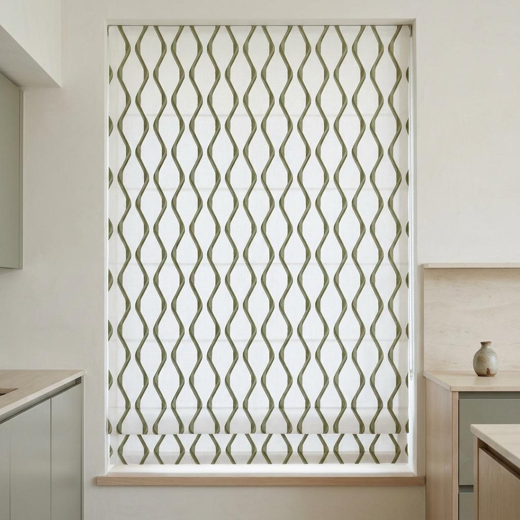 Ivory Green Pure Linen Roman Shade, Sage Olive Wavy Geometric Embroidered Custom Blind, Blackout or Light Filtering — image 10