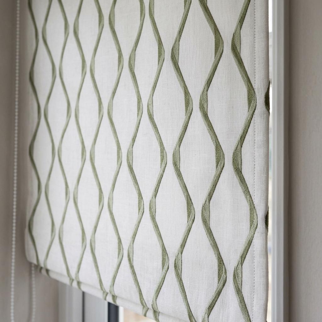 Ivory Green Pure Linen Roman Shade, Sage Olive Wavy Geometric Embroidered Custom Blind, Blackout or Light Filtering — image 3