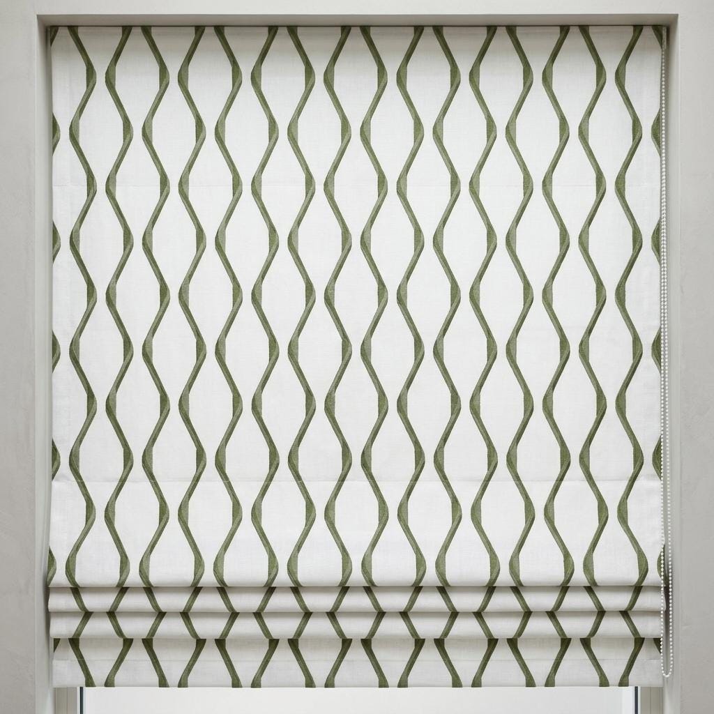 Ivory Green Pure Linen Roman Shade, Sage Olive Wavy Geometric Embroidered Custom Blind, Blackout or Light Filtering — image 2