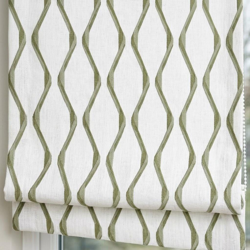 Ivory Green Pure Linen Roman Shade, Sage Olive Wavy Geometric Embroidered Custom Blind, Blackout or Light Filtering — image 1