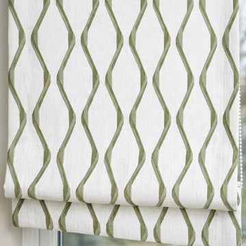 Ivory Green Pure Linen Roman Shade, Sage Olive Wavy Geometric Embroidered Custom Blind, Blackout or Light Filtering — image 1