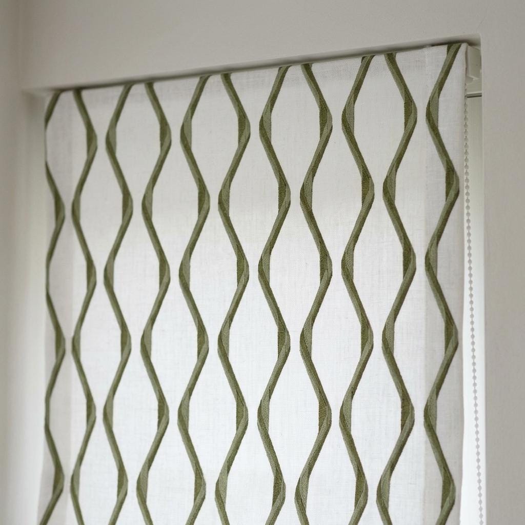 Ivory Green Pure Linen Roman Shade, Sage Olive Wavy Geometric Embroidered Custom Blind, Blackout or Light Filtering — image 9